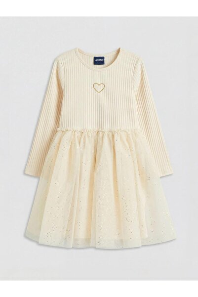 LC Waikiki Beige Crew Neck Bowknot Girl's Dress (S6)