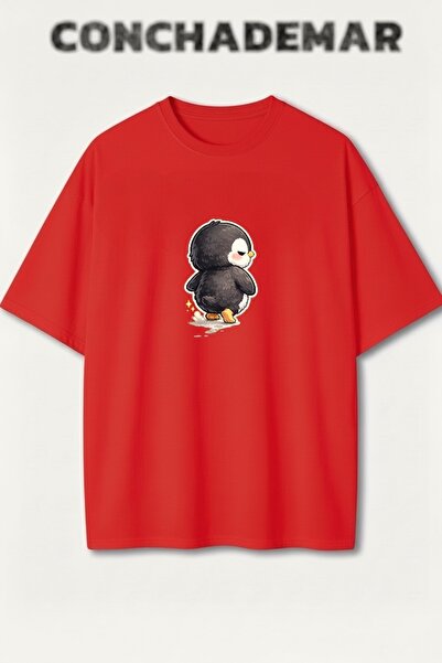 Vordevia Tricou din bumbac premium supradimensionat cu imprimeu Penguin