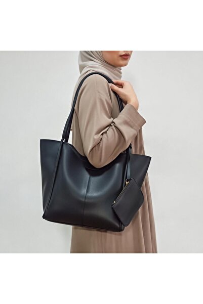 MayCap Black Leather Look Large Shopper Shoulder Bag with Wallet