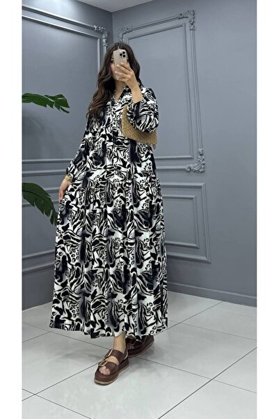 Cannes Poly Women's Abstract Patterned V-Neck Buttoned Gray Dress