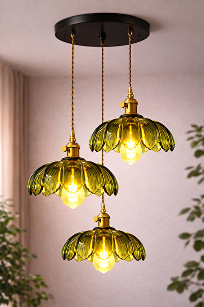 Luna Lighting Petra Model Yeşil Cam Klasik Sarkıt 3'lü Sarkıt Avize