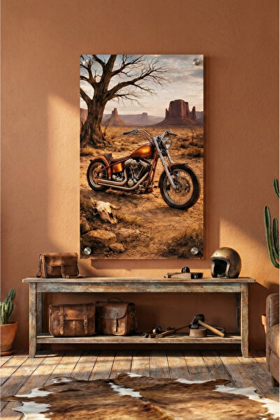cheteen Çöl Manzarasında Custom Chopper Motosiklet – Premium Pleksi Tablo | W...