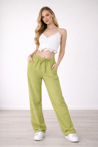 Hazel Women's oil green linen blend loose cut pants