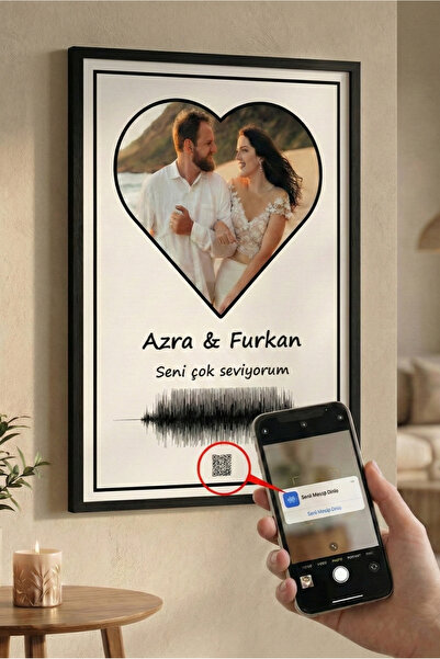 Postermanya Kişiye Özel Sesli QR Kodlu Ses Dalgası Çerçeveli Tablo - Sevgiliy...