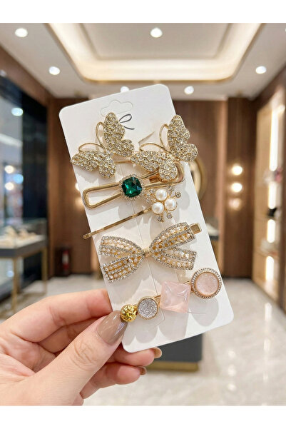 BATU GİYİM Set cu catarame cu cleme cu flori din metal auriu din 4 piese pent...