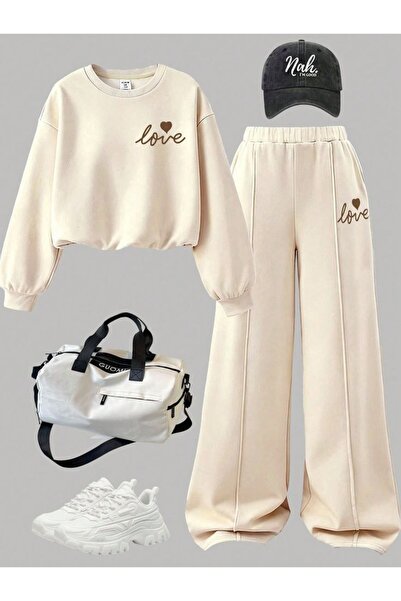 buendiakids Kız/Erkek Çocuk Bej Love Baskılı Çımalı Bisiklet Yaka- Geniş Paça...