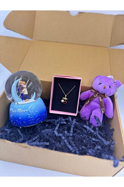 GIFT Romantik Hediyelik Set – White Moon Kar Küresi & Çelik Kolye & Peluş Ayı...