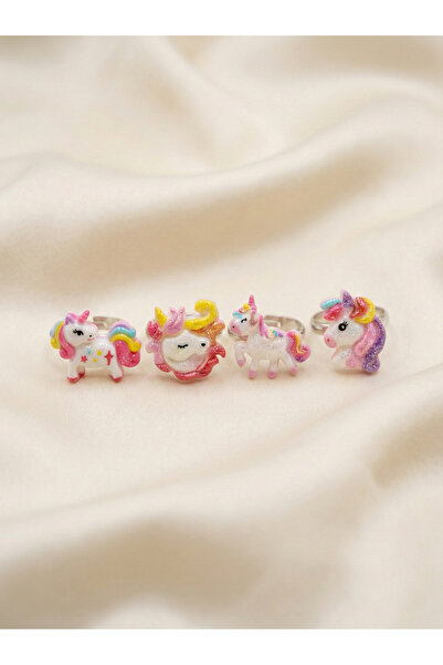 BATU GİYİM Girl's 4-Piece Unicorn Ring Set Colorful Adjustable
