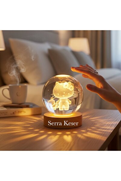 keyfim shop Kişiye Büyük Boy Işıklı Ahşap Kaideli Hello Kitty Temalı Cam Küre...