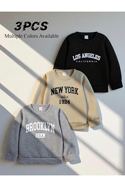 No Plan سويت شيرت مطبوع للأولاد من نيويورك-بروكلين-لوسانجلوس، 3 قطع، أسود-رما...