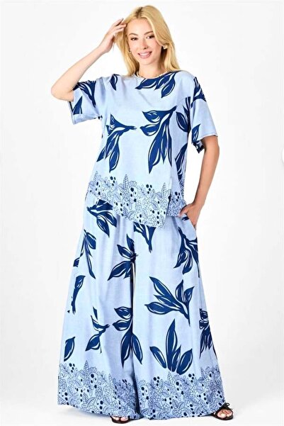 MODANI SEÇ Blue Patterned Boat Neckline Elastic Waist Pocketed Wide Leg Two-P...