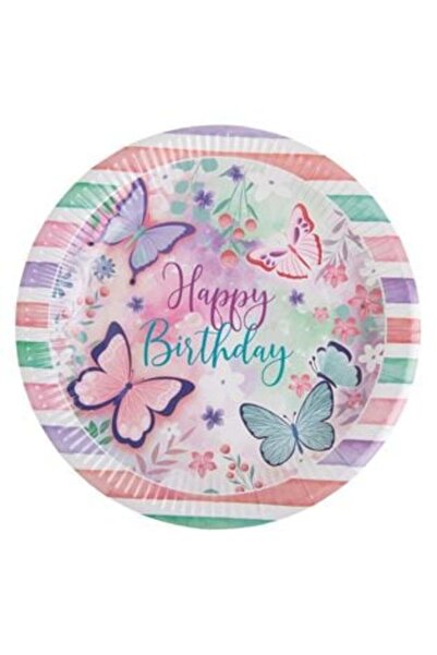 OEM Party Paper Plates White Pink Mint Butterflies "Happy Birthday" Ø23 cm - ...