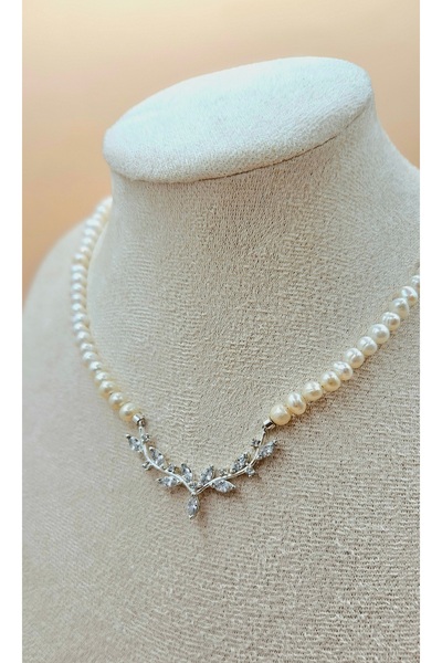 İNCİORA JEWELRY GERÇEK DOĞAL İNCİ ( AA kalite 5-6 mm )GÜMÜŞ KOLYE, Yaprak det...