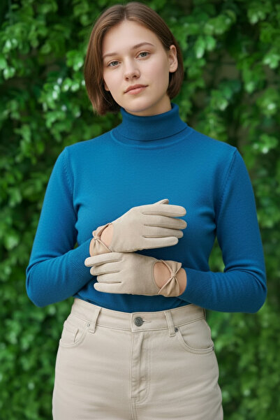 LOVE Prenses Model Dekolteli Zarif Süet Bej Eldiven-Telefon ile kullanılabilir