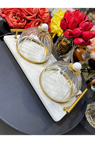 hediye Esterhomedecor 2-Compartment Glass Lid Serving Dish with Marble Base