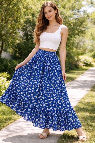 inci wears Papatya Desenli Mavi Viskon Etek