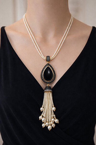 MGEStore Doğal Taş Görünümlü Damla Kolye İnci Püsküllü El Yapımı Şık Kadın Ko...