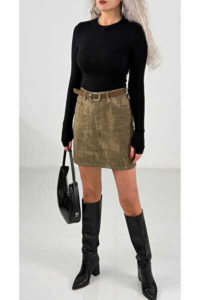 KAROL Haki Yıkamalı Süet Kemerli Mini Etek