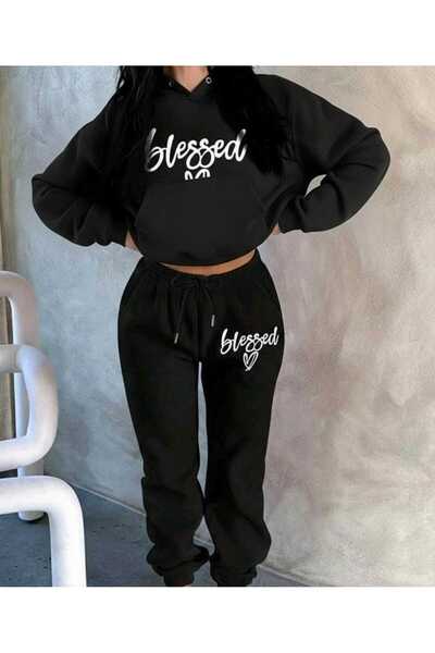 DİVİN Set de 2 piese: Hanorac cu glugă și pantaloni de trening cu imprimeu Bl...