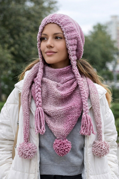 Gri boncuk El Örgüsü Yün İp Pembe ve Beyaz Karışık Desen Şapka ve Boyunluk,Şa...