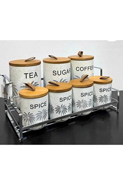 Generic Ceramic kitchen organizer set with a wood finish and metal stand