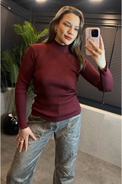 MİR STORE Burgundy High Neck Knitwear with Sleeve Detail