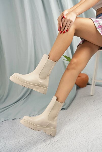 Bella Stride Γυναικείες μπεζ δερμάτινες μπότες με ελαστικό πλαϊνό λάστιχο, αδ...