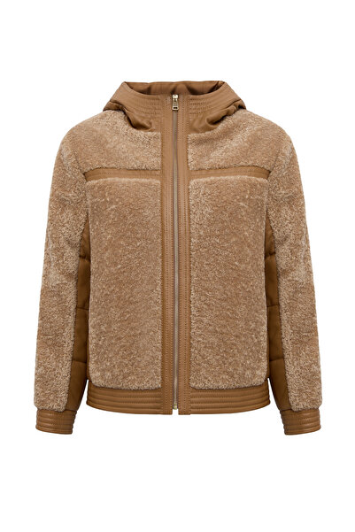 Derimod Prag Women's Mustard Hooded Teddy Leather Coat 25Wgep5627Ff