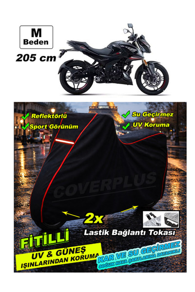 CoverPlus KIRMIZI FİTİLLİ Siyah Tüm Modellere Uyumlu Motosiklet Brandası Moto...