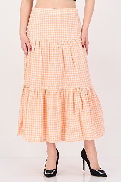 Great Plains Women Gingham Pattern Tiered Skirt, Orange