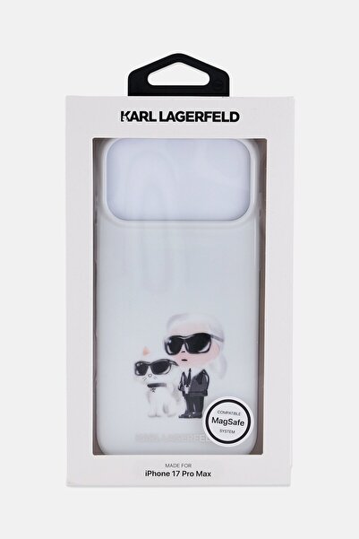 Karl Lagerfeld جراب هاتف آيفون 17 برو ماكس بتصميم كارل وشوبيت المائي، أبيض