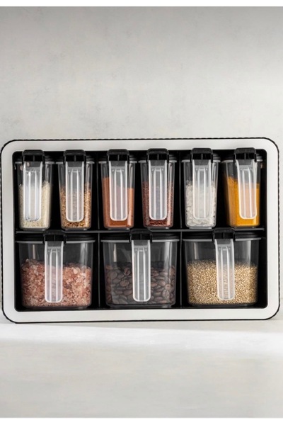 UMBEX PLUS 9 Lu Standlı Şeffaf Kaşıklı Kapaklı Baharatlık Saklama Kabı Seti D...