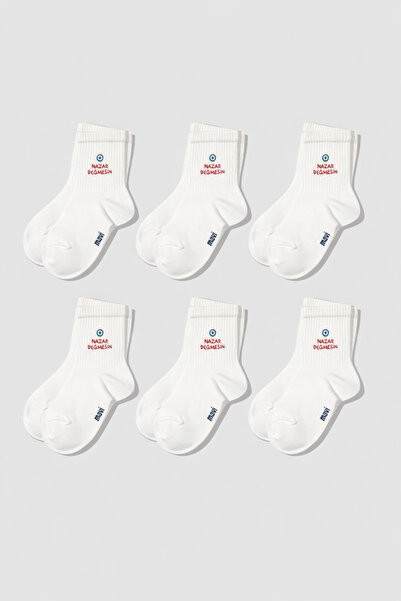 Mavi 6 Adet Nazar Değmesin Nakışlı Soket Çorap