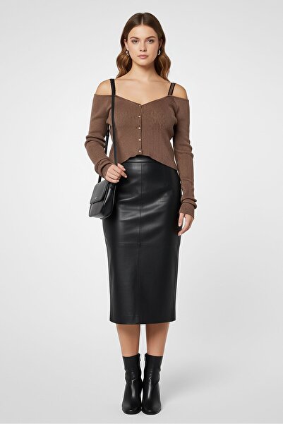 PİNKO Women Square Neck Long Sleeve Metallic Top, Brown