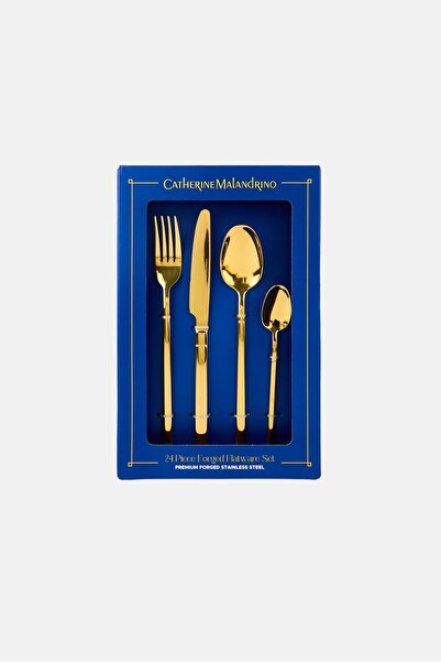 Catherine Malandrino 24 Pieces Stainless Steel Premium Forged Flatware Set, Gold