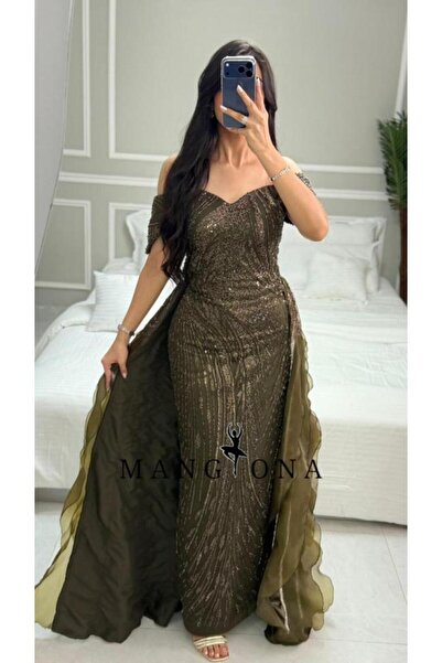 MANGONA Olive green off-the-shoulder sequined evening gown with a side organz...