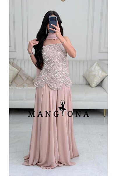 MANGONA فستان سهرة طويل لون وردي موف صدر مطرز لؤلؤ وخرز كثيف مع تنورة شيفون و...