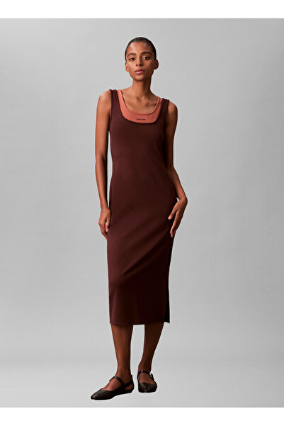 Calvin Klein Jeans Kare Yaka Düz Koyu Kahve Uzun Kadın Elbise SL INTERLOCK MI...