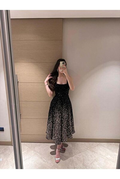 MANGONA فستان سهرة ميدي فخم أسود مطرز ترتر متدرج ذهبي قصة واسعة وياقة مربعة ل...