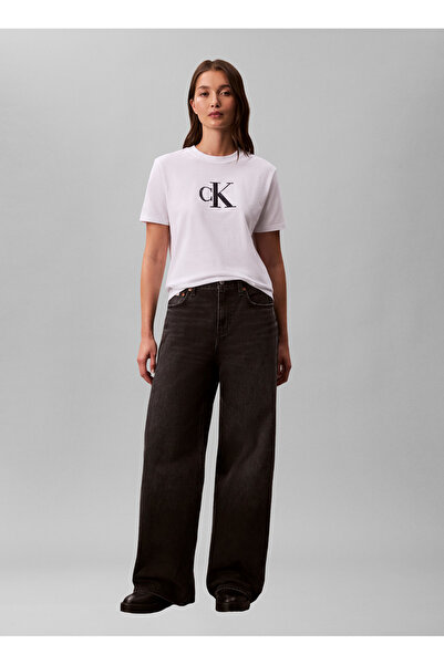 Calvin Klein Jeans Yuvarlak Yaka Baskılı Beyaz Kadın T-Shirt SS SEQUIN CK GRA...