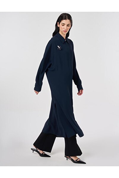 Kayra İşlemeli Krep Uzun Tunik Koyu Lacivert