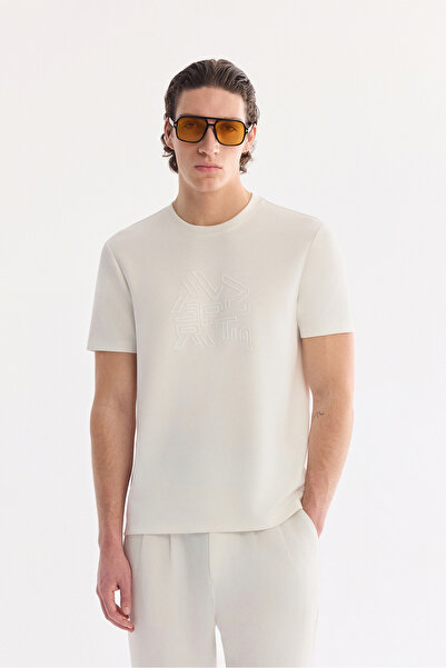 Avva Men's Ecru Crew Neck Hologram Printed Interlock T-Shirt A61Y1114
