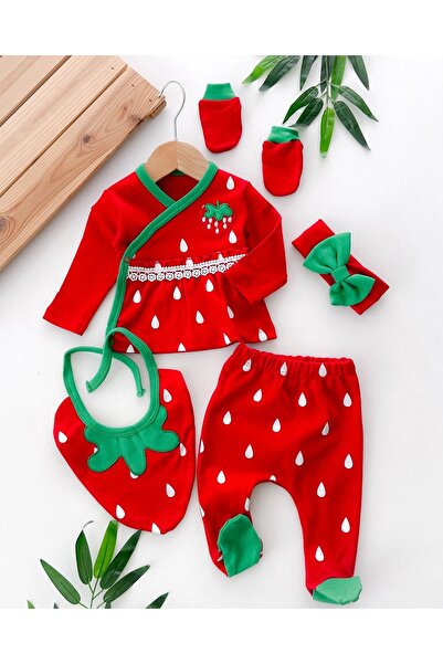 mandalinsbaby Çilek Detaylı %100 Pamuk Kız Bebek 5'li Hastane Çıkışı