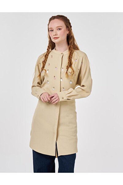 Kayra Sequin Detailed High Collar Tunic Light Yellow