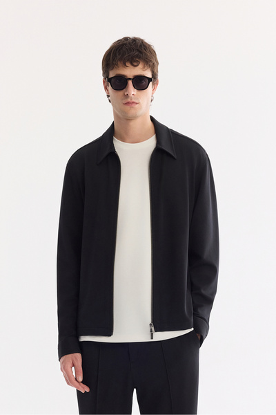 Avva Erkek Siyah Klasik Yaka Diyagonel Fermuar Kapama Örme Gömlek Ceket A61Y2079