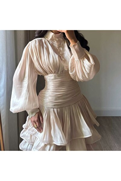 Rahibhdresses Midi dress with pleats (crinkle) and puffed sleeves