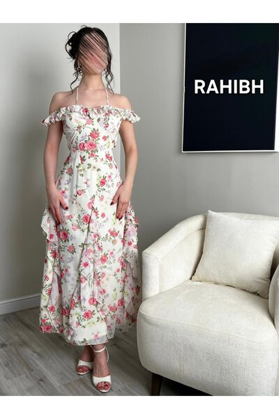 Rahibhdresses Soft floral chiffon dress with a rose print and ruffles