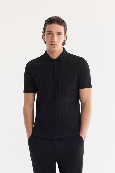 Avva Tricou negru cu guler polo și fermoar pentru bărbați A61Y1038