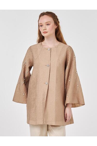 Kayra İnci Düğmeli Jakarlı Ceket Bej