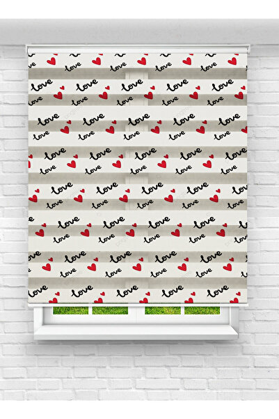 Enzo Home Love Yazılı Kalp Desenli Baskılı Zebra Perde – Romantik Tasarım